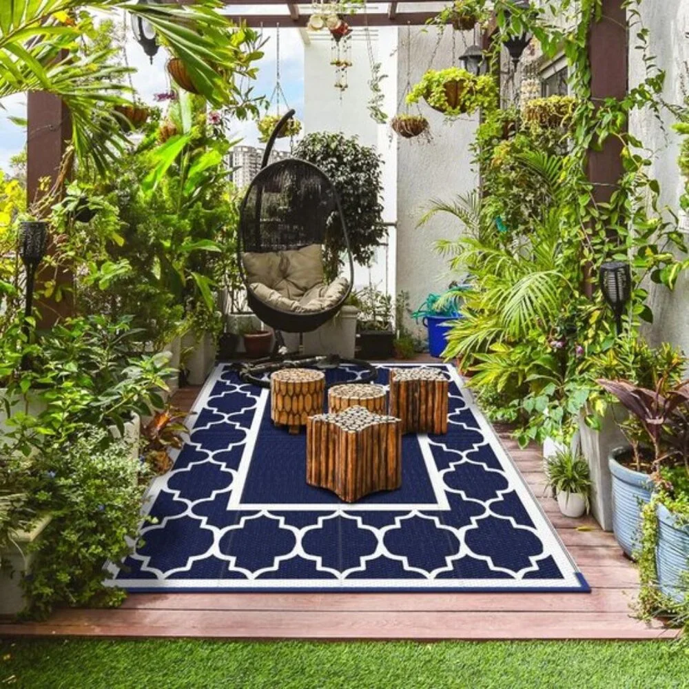 New 5x8 Outdoor Rug, Waterproof Reversible Blue White Mat for Patio & Camper